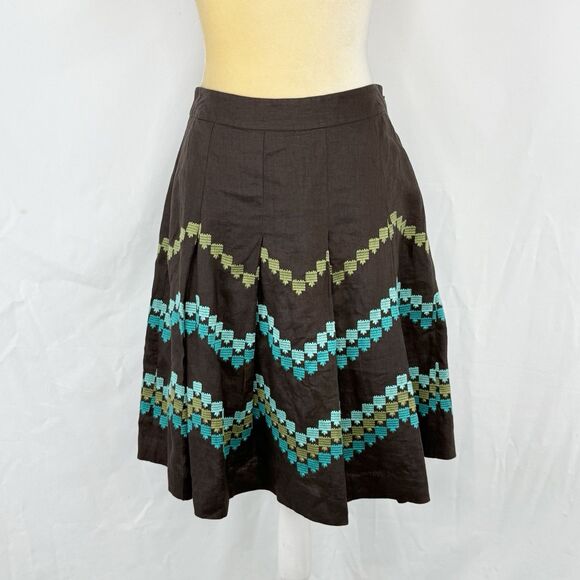 Ann Taylor LOFT Brown Pleat Skirt Embroidered Chevron Pattern 2P Linen - Picture 14 of 16